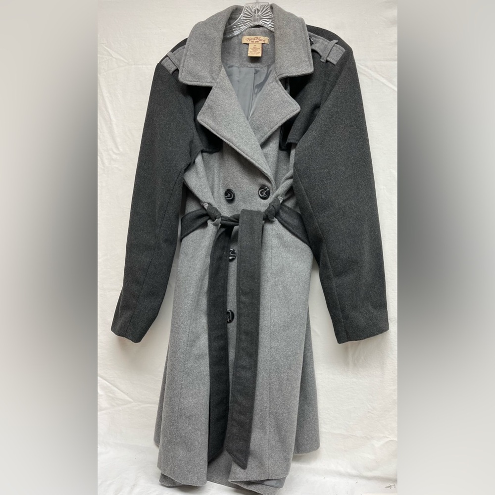 Paris Blues 2X Two-Tone Grey Wool Blend Double Breasted Trench Coat Belted Cozy
